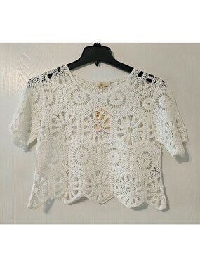 NWT Rebellion Again Crochet White Crop Top M Sheer Festival Whimsy Cottage Boho